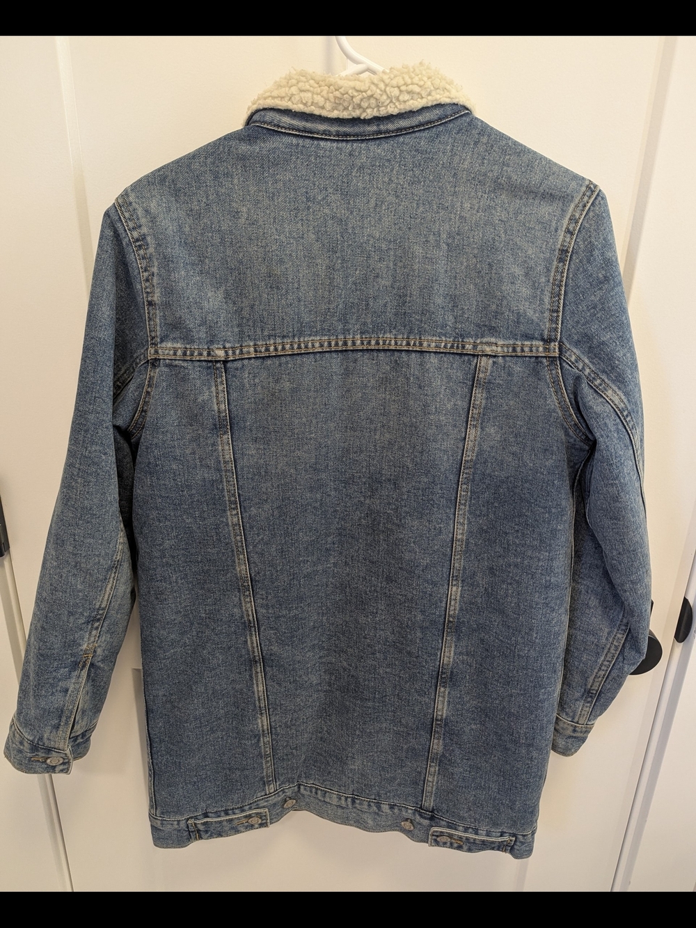 H&M Sherpa Lined Denim Jacket Shacket Cozy Oversized Blue Jean Coat - Picture 5 of 7